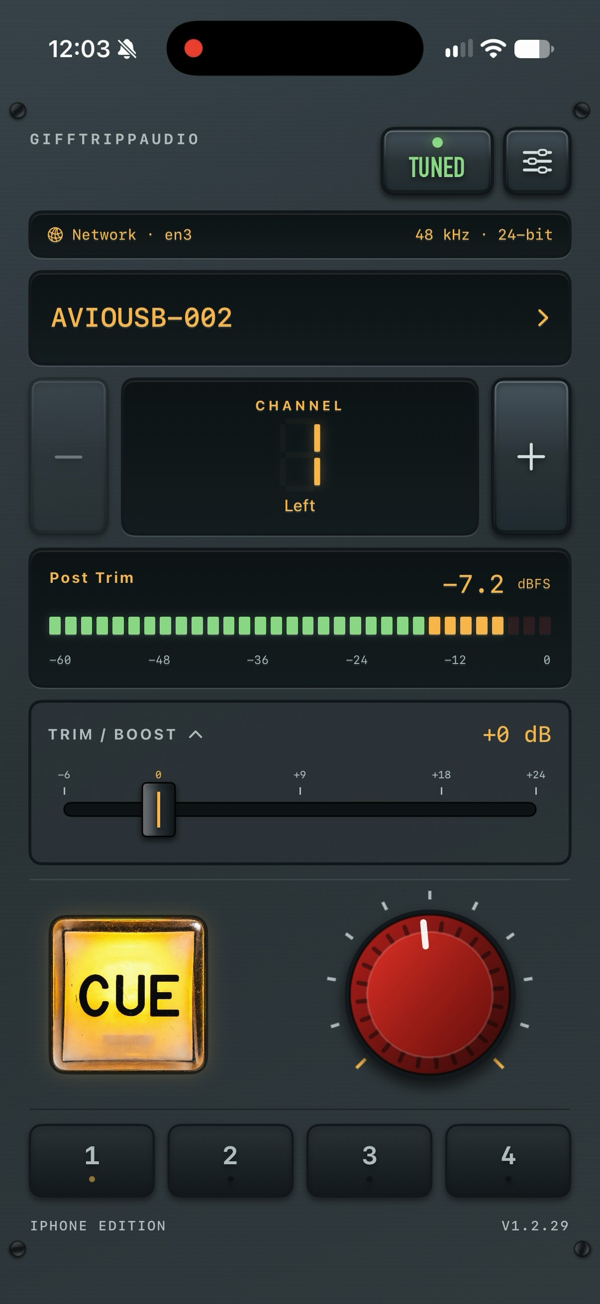 GTA CUE app showing source selection, channel metering, trim, the amber CUE button, red volume knob, and four memory buttons